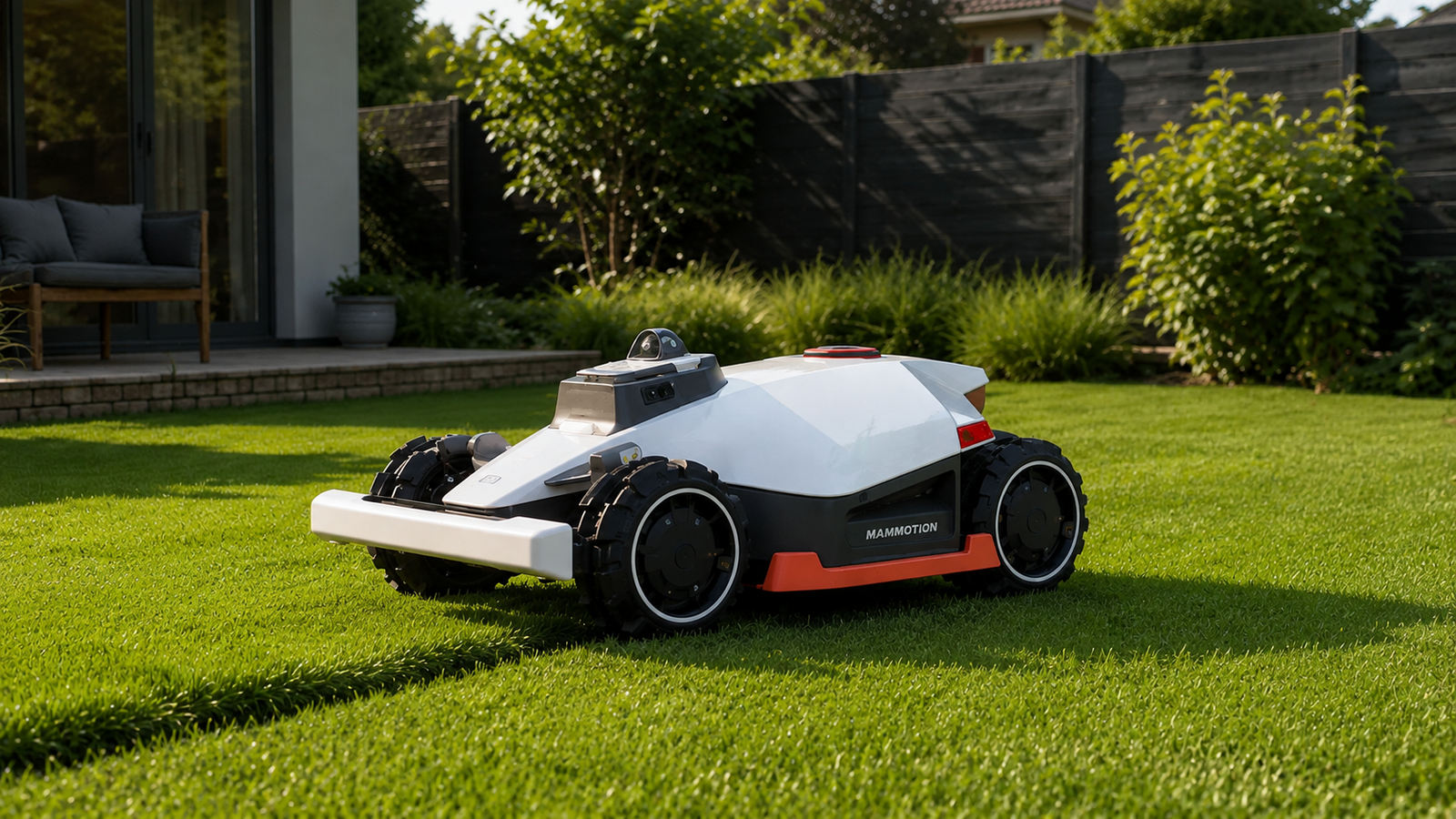 Robot tondeuse dans un jardin